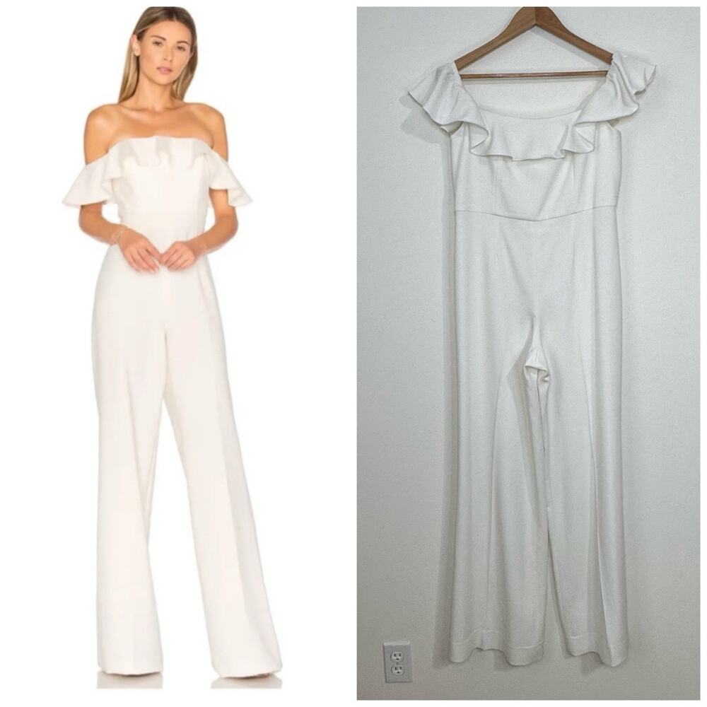 Jay Godfrey Biondi Off The Shoulder Jumpsuit Size 4 White Lined Ruffled